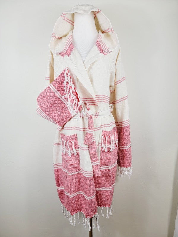 Unisex hooded robe with red-and-white geometric stripe print, tie waist, tasseled hem