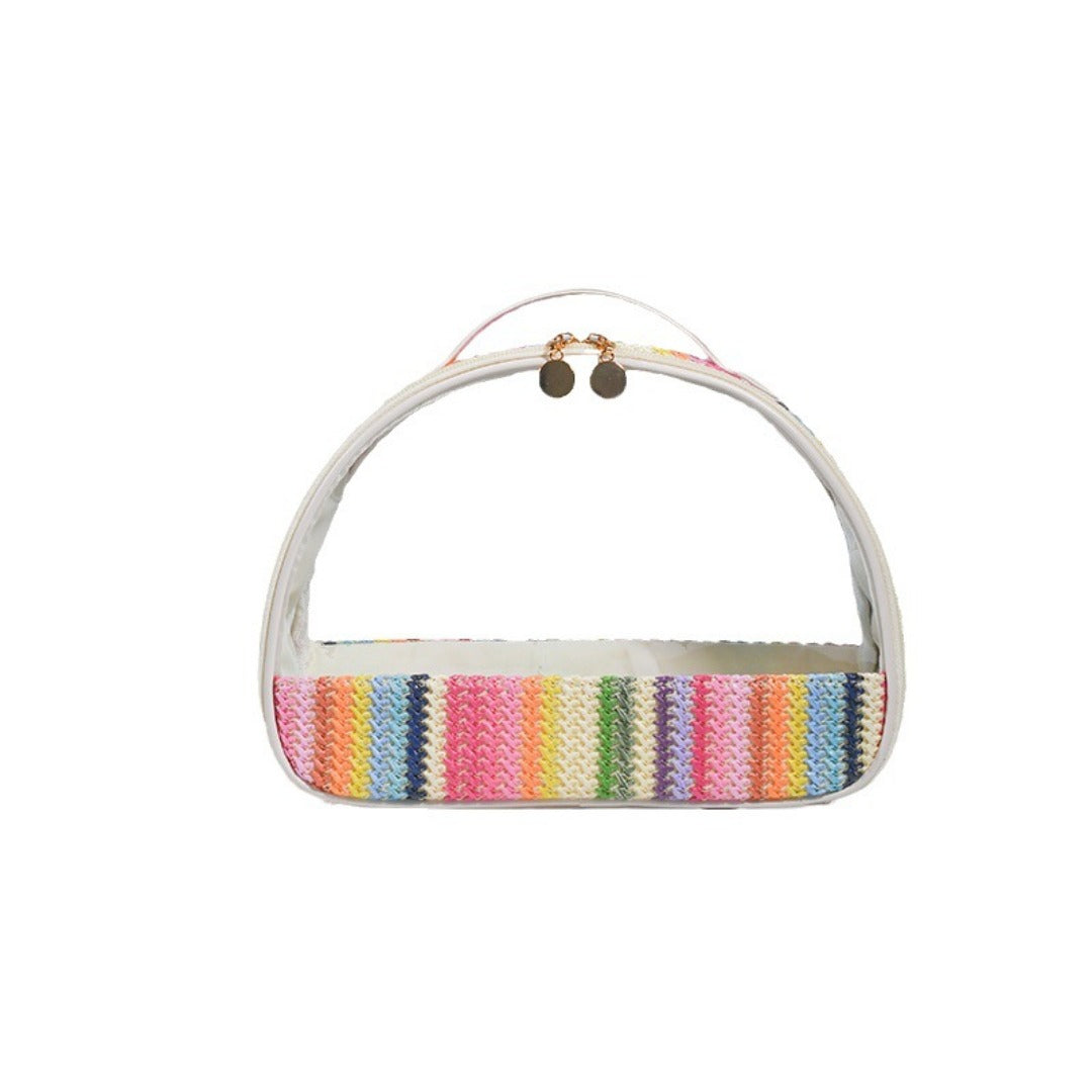 Rainbow striped semicircular clear cosmetic bag with arched handle and button closure