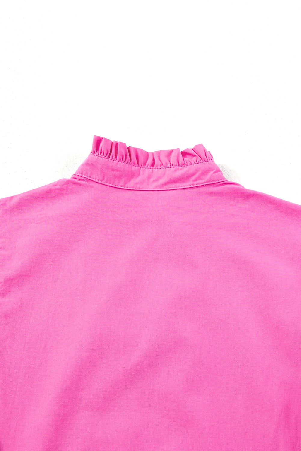Strawberry pink high neckline dress with gathered collar and flutter sleeve ruffles