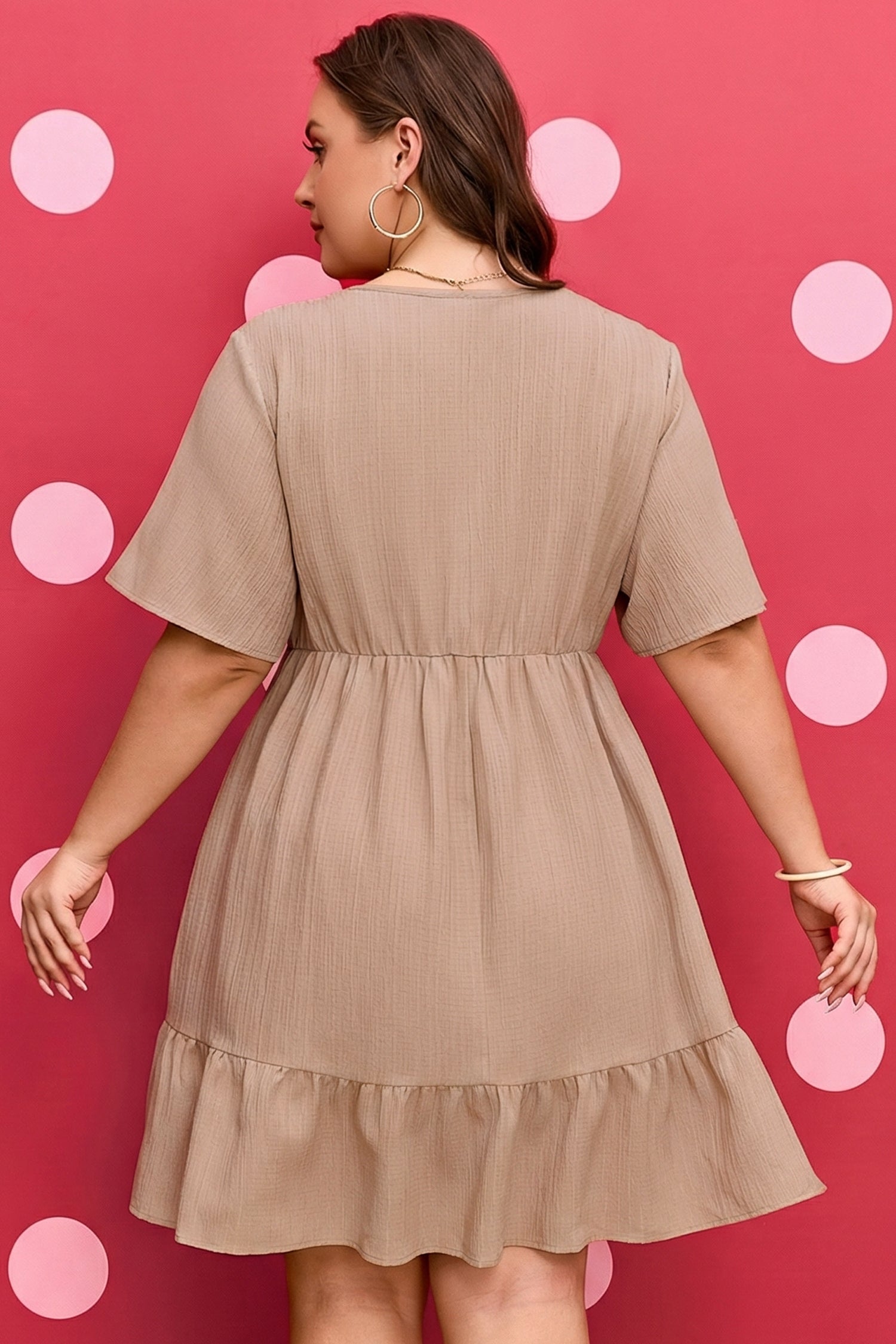 PLUS dark khaki tiered ruffle short-sleeve dress, back view with gathered waist