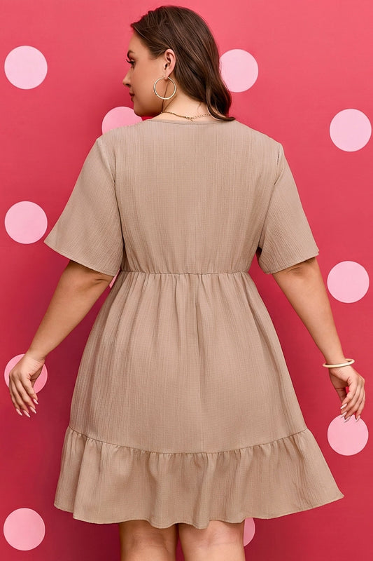 PLUS dark khaki tiered ruffle short-sleeve dress, back view with gathered waist