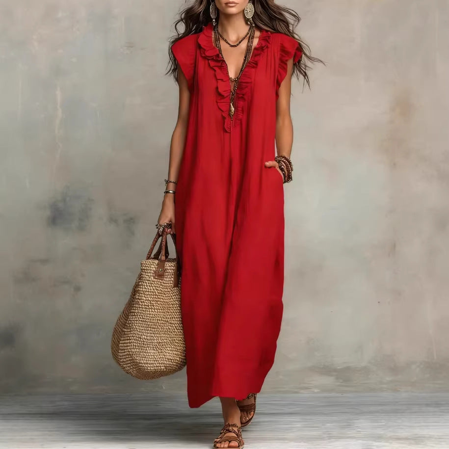 Red sleeveless maxi dress with ruffle neckline and keyhole button front