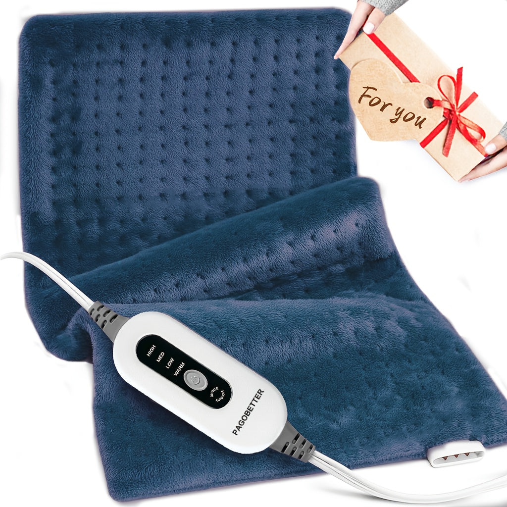 Electric heating pad with handheld controller, plush flannel, dark blue fabric, heat settings