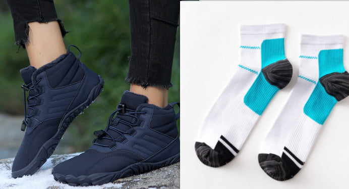 Navy winter slip-on boots with lace-up front and thick sole, paired with white crew socks.