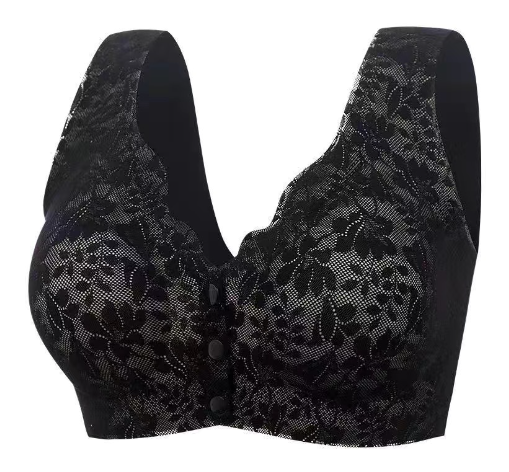Black lace front-button nursing bra with V-neck, textured cups