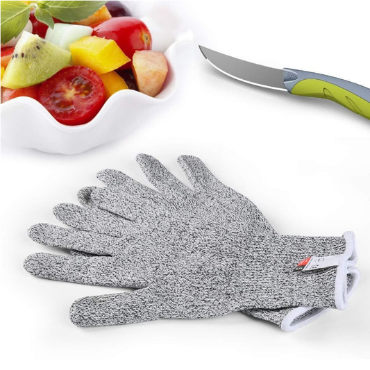 Grey cut-resistant anti-cut gloves with white cuffs, palm and fingers spread