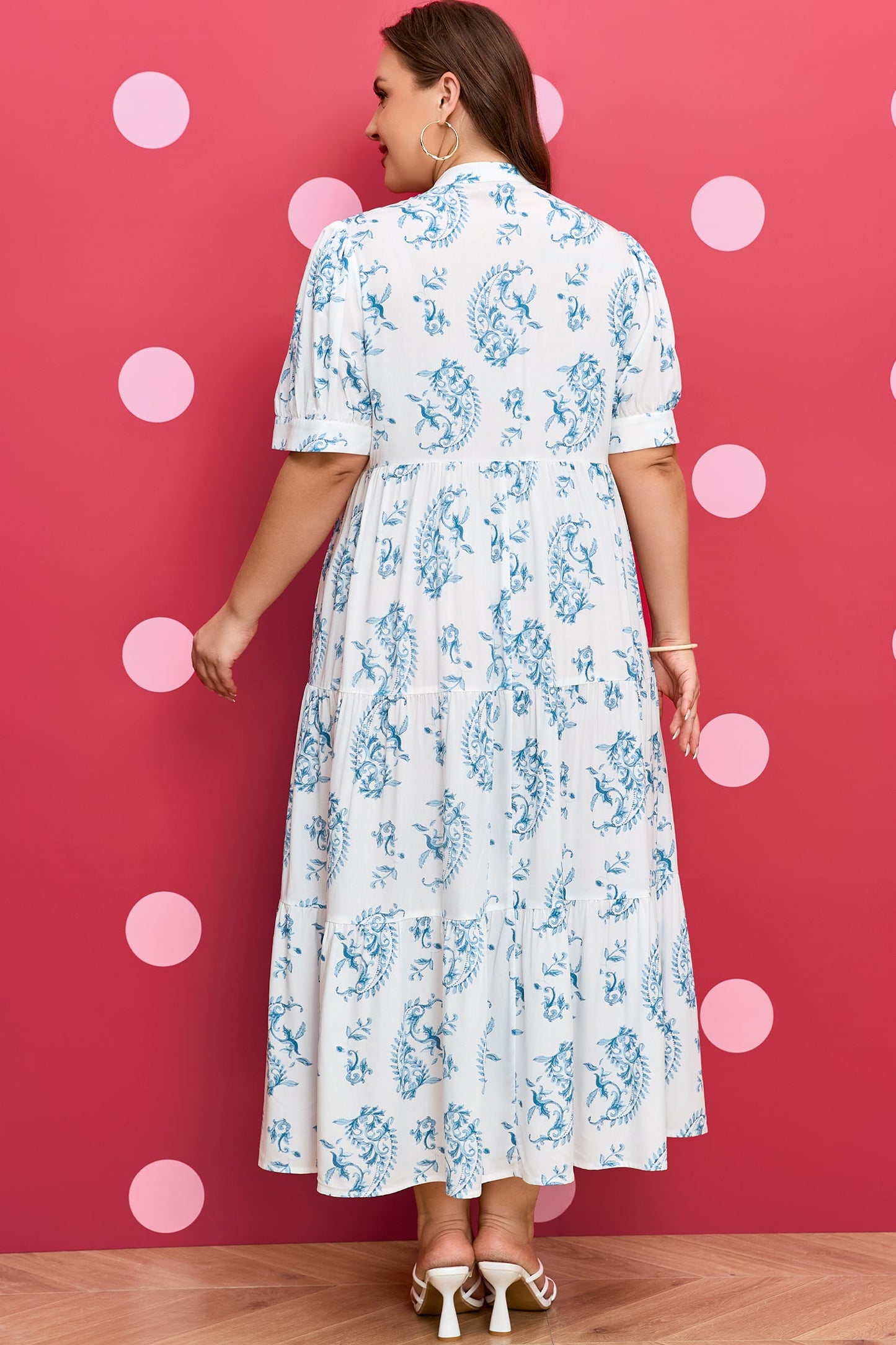 Sky-blue floral short-sleeve maxi dress with tiered skirt and keyhole back detail