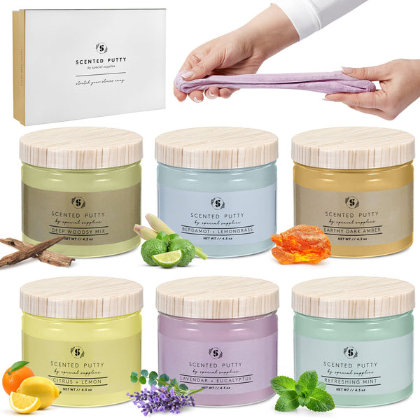 Scented Therapy Putty set with multiple colored jars and a stretched purple putty strip