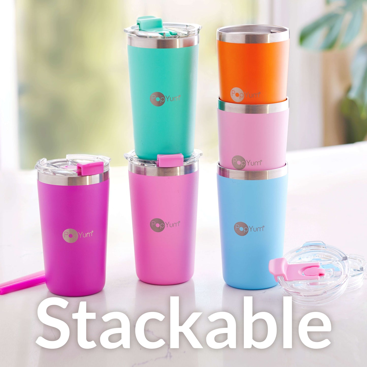 PopYum 13oz Insulated Stainless Steel Kids’ Cups with Lid and Straw, 2-Pack, Orange & Blue, stackable, sippy, baby, child, toddler, tumbler
