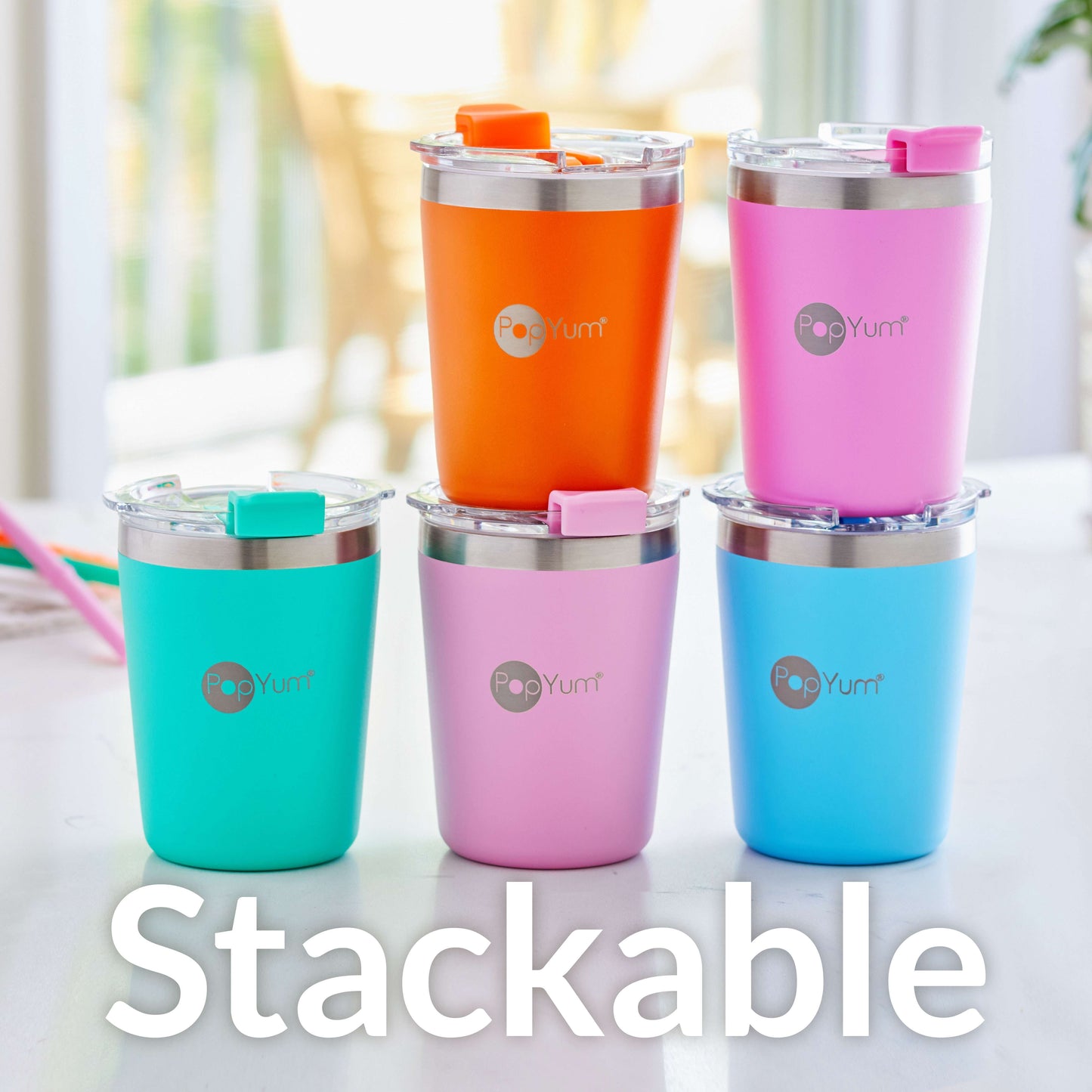 PopYum 9oz Insulated Stainless Steel Kids’ Cups with Lid and Straw, 2-Pack, Blue & Green, stackable, sippy, baby, child, toddler, tumbler
