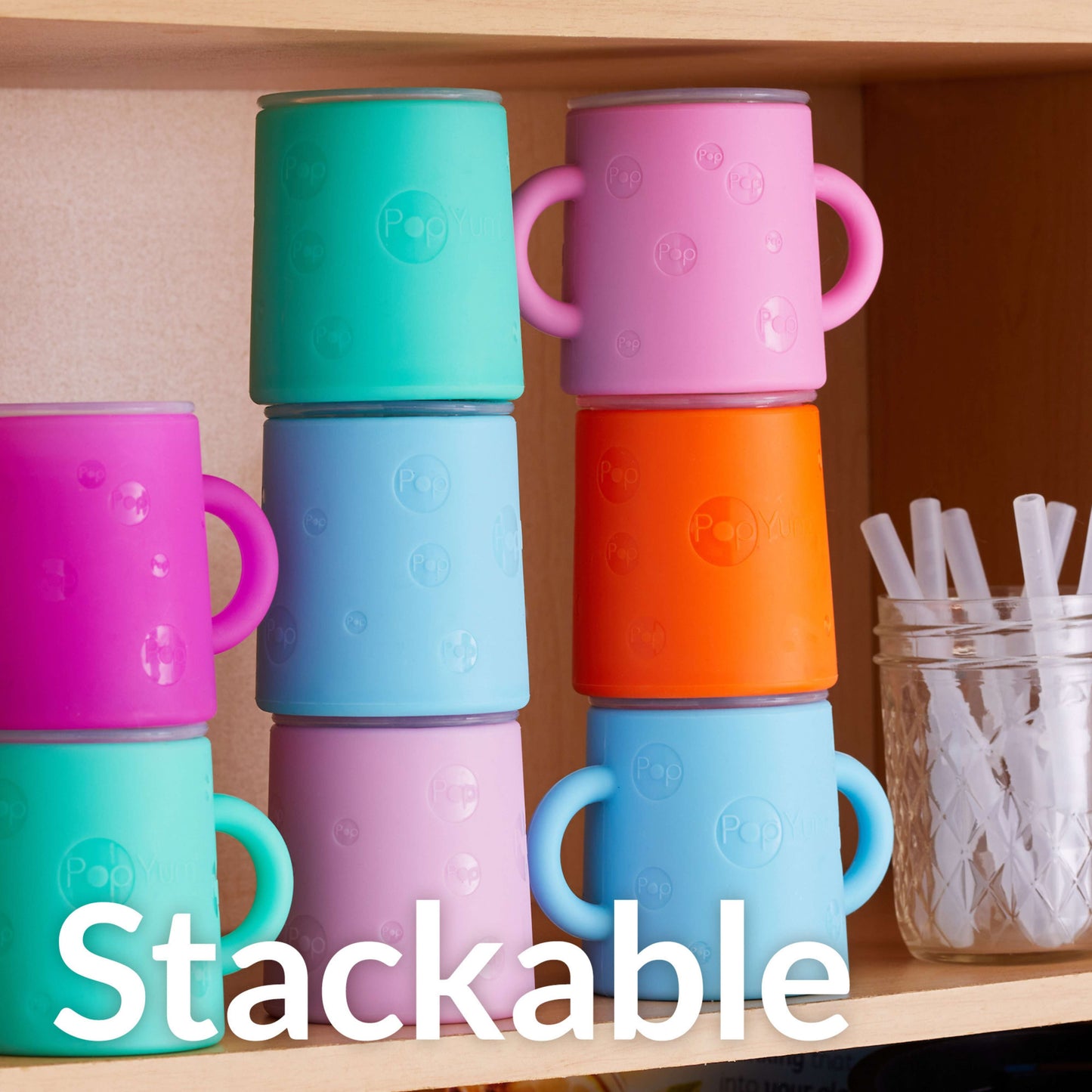 PopYum Silicone Training Cup with Straw + Lid, 2-Pack for Baby, Infant and Toddler, Tumbler, Sippy, handles, 5 ounce (green, pink)