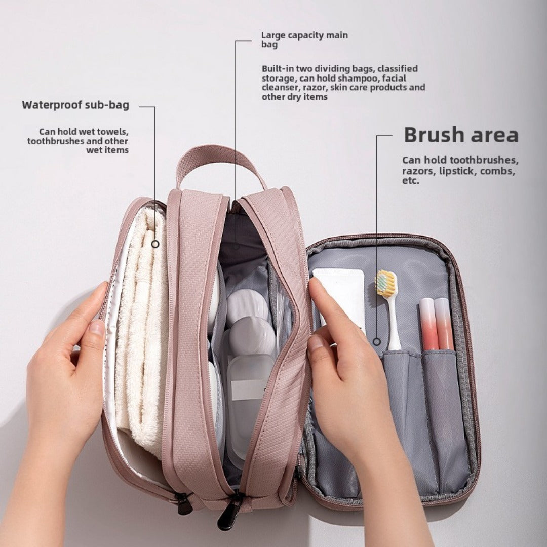 Three-compartment wet and dry wash bag with handle, pink exterior and gray lining