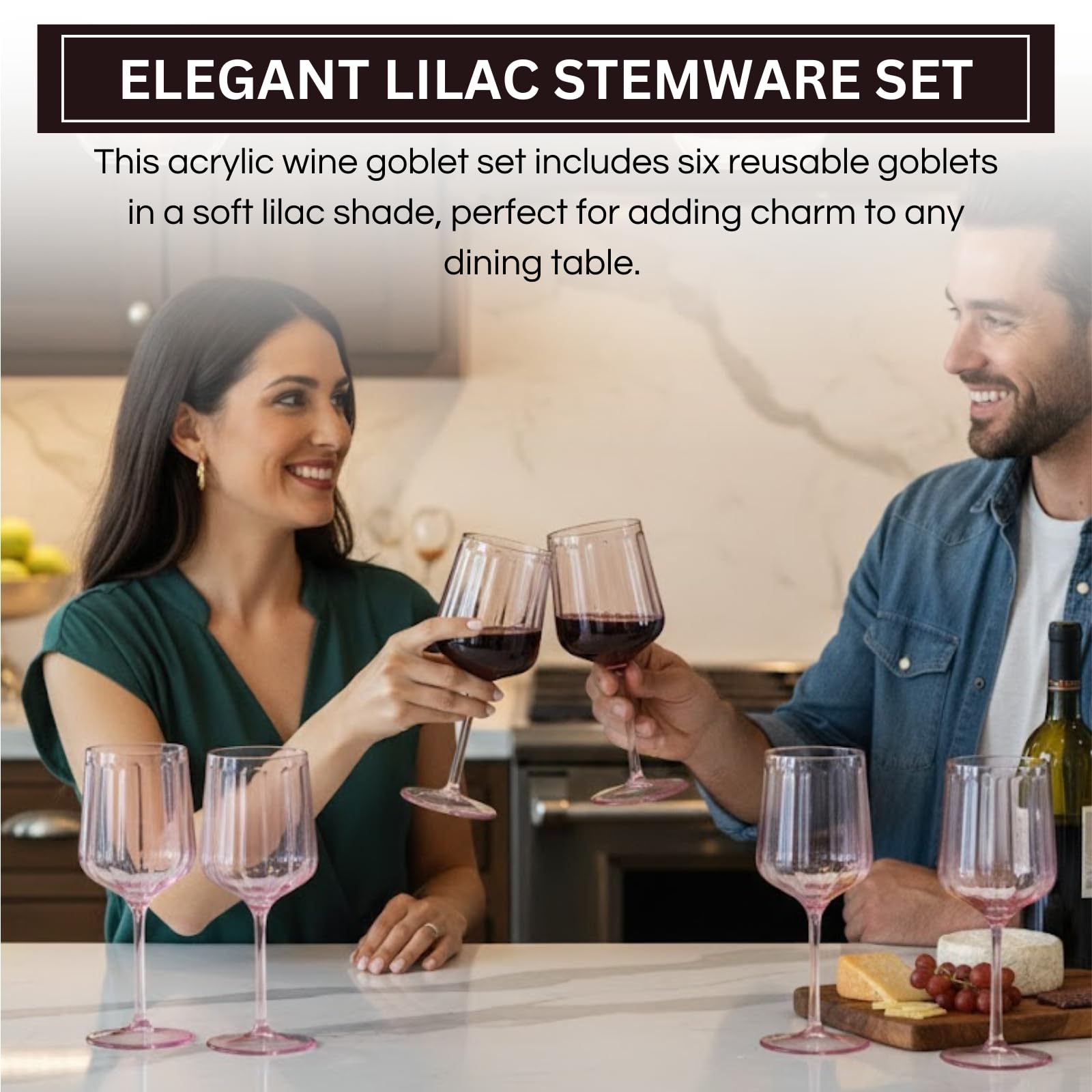 Lilac stemmed acrylic wine goblets, six-pack, ribbed glass with fluted bowl