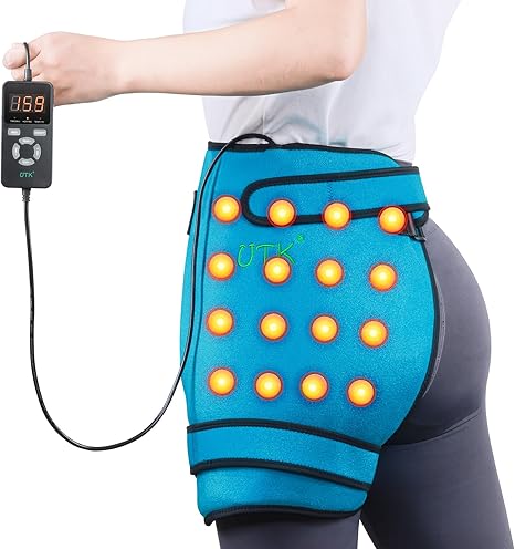 Wearable infrared heating pad with blue wrap and glowing heat pads, connected controller
