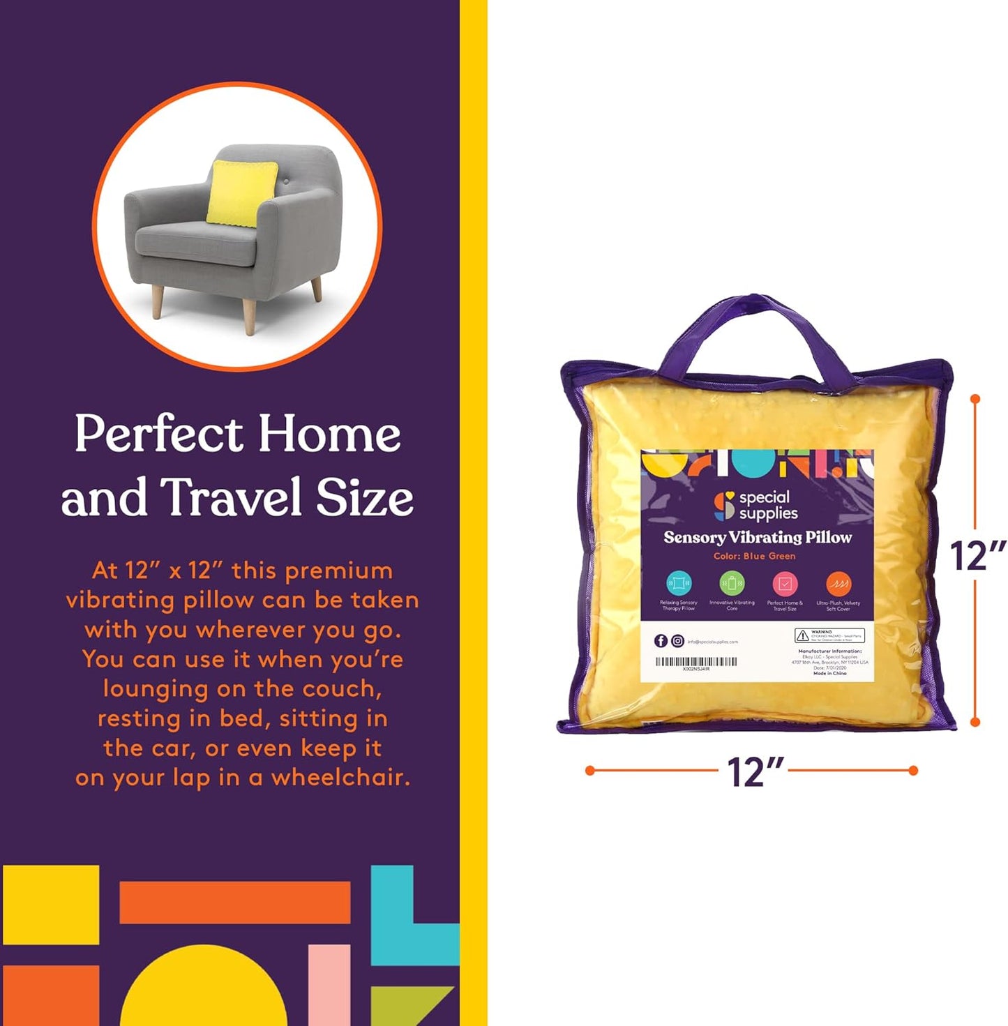 Yellow sensory vibrating pillow in a purple carry bag with size markers