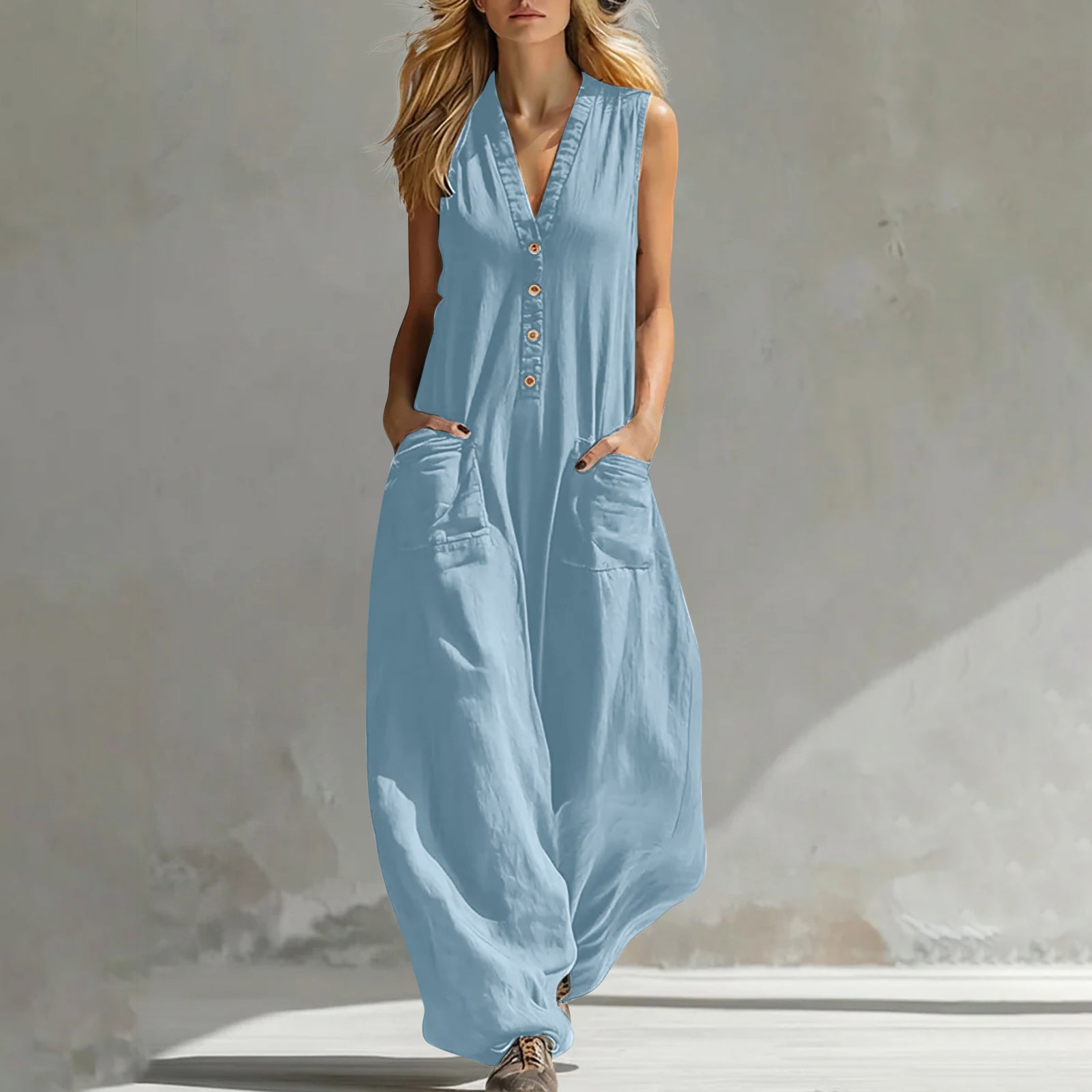 Light blue sleeveless jumpsuit with V-neck buttons and roomy side pockets.