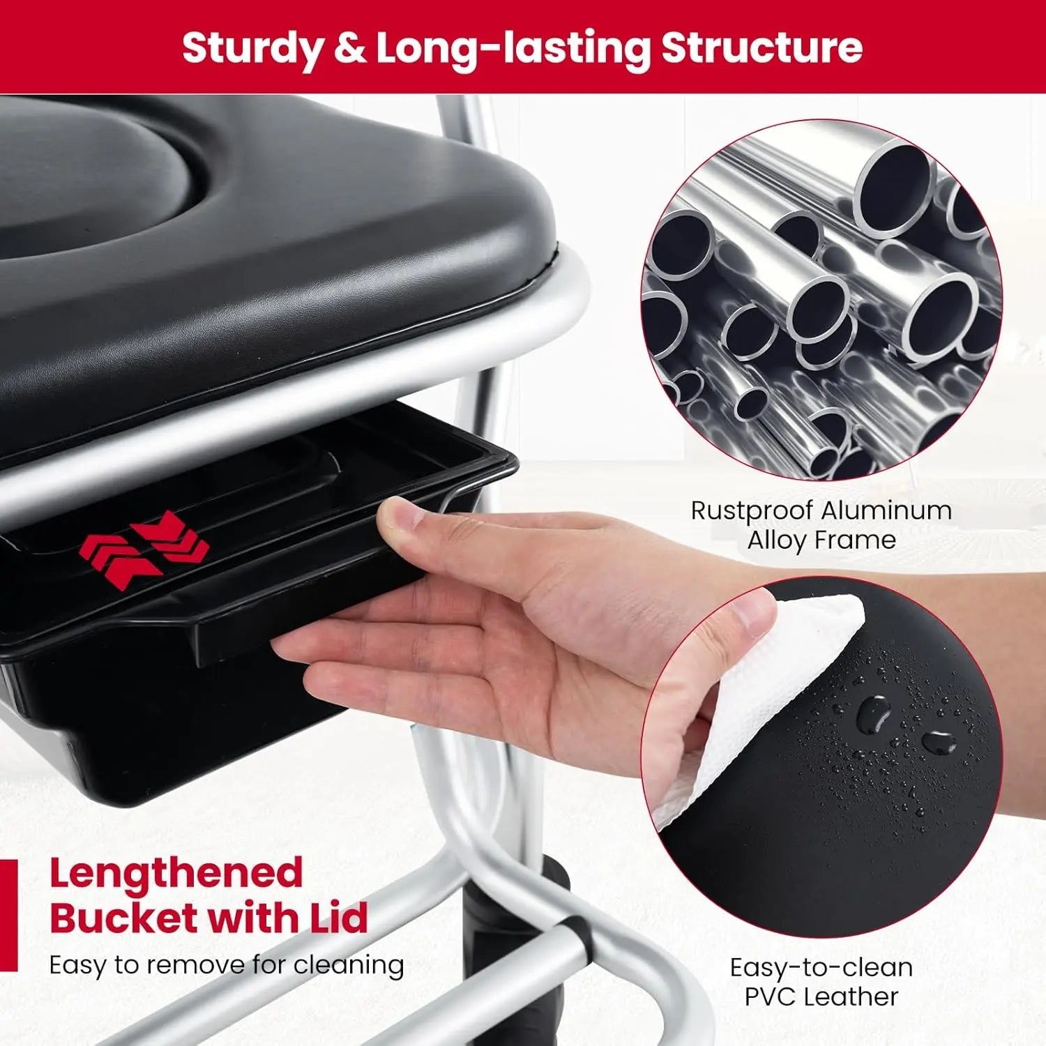 Removable bucket with lid on shower commode wheelchair, hand wiping the bucket