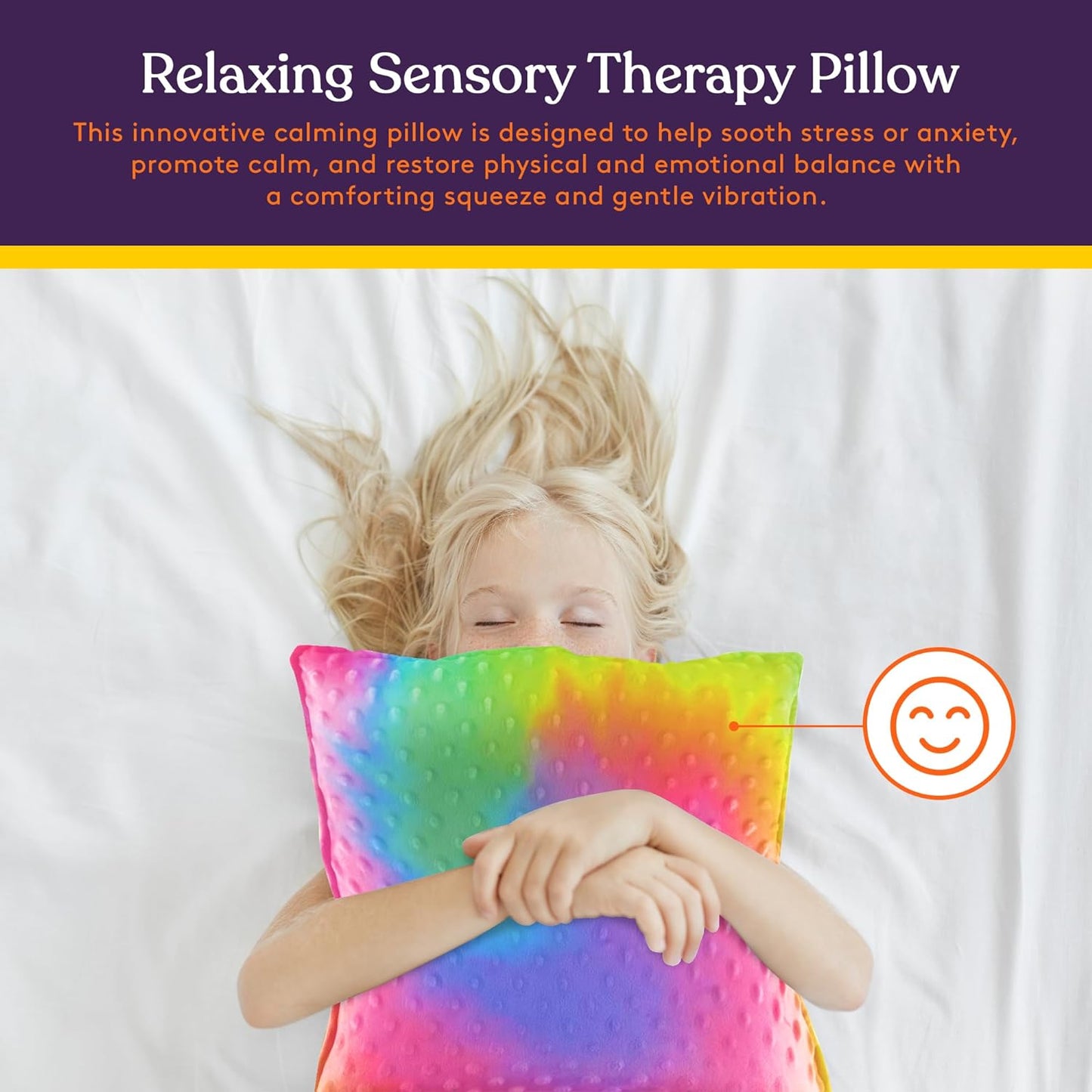 Rainbow gradient plush sensory therapy pillow resting on a child, dotted texture