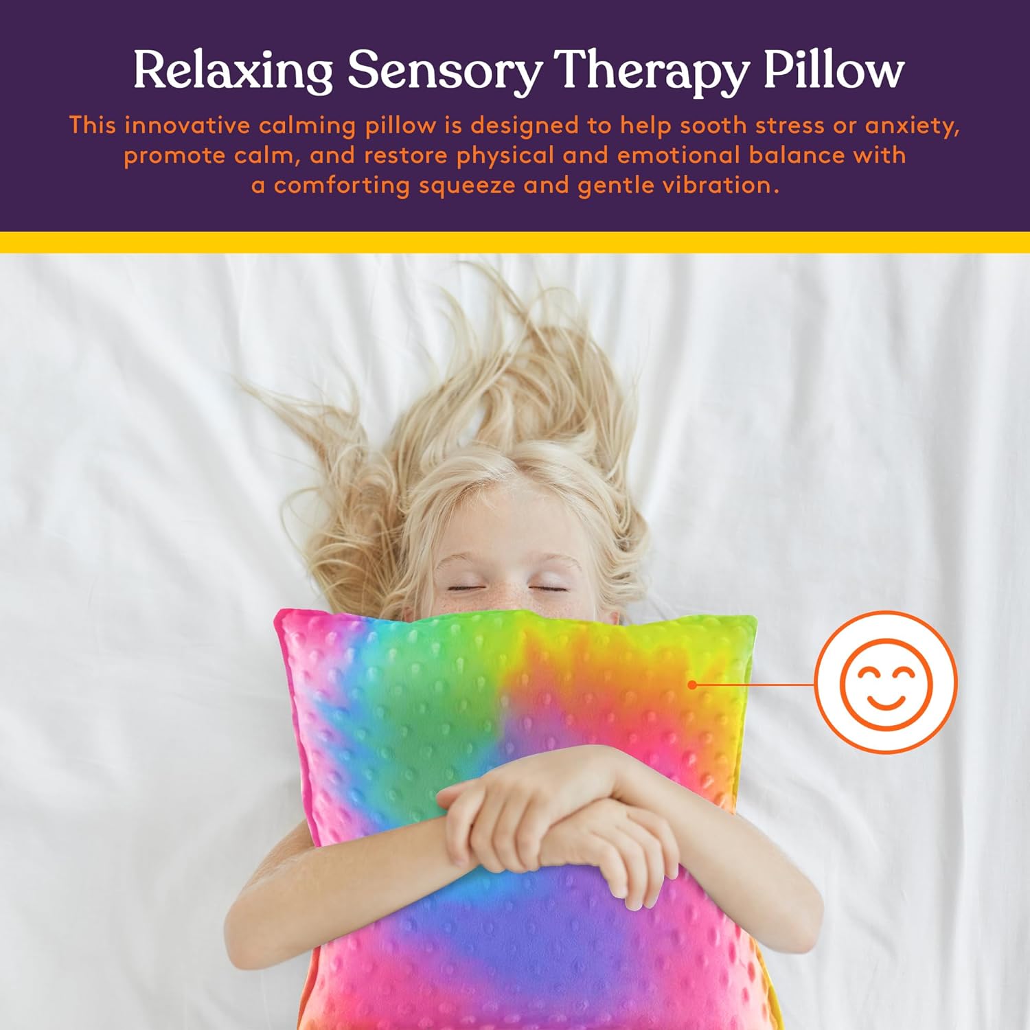 Rainbow gradient plush sensory therapy pillow resting on a child, dotted texture