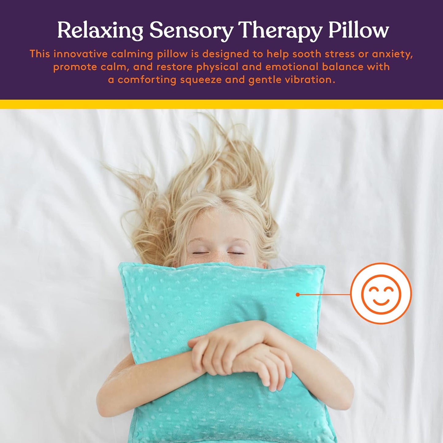 Teal sensory therapy vibrating pillow with dot texture, held over a child’s lap