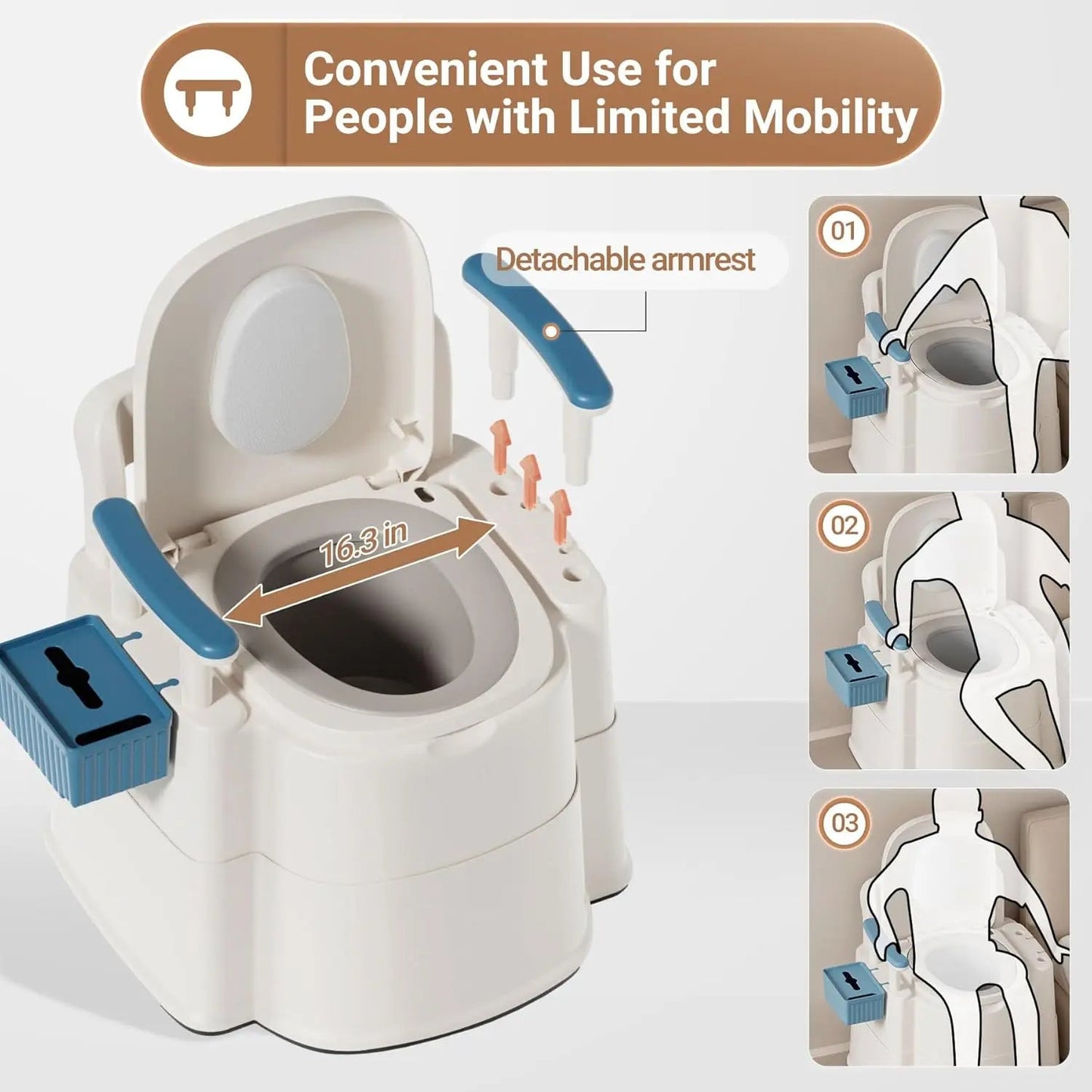 Bedside commode chair with detachable armrests and wide round toilet opening