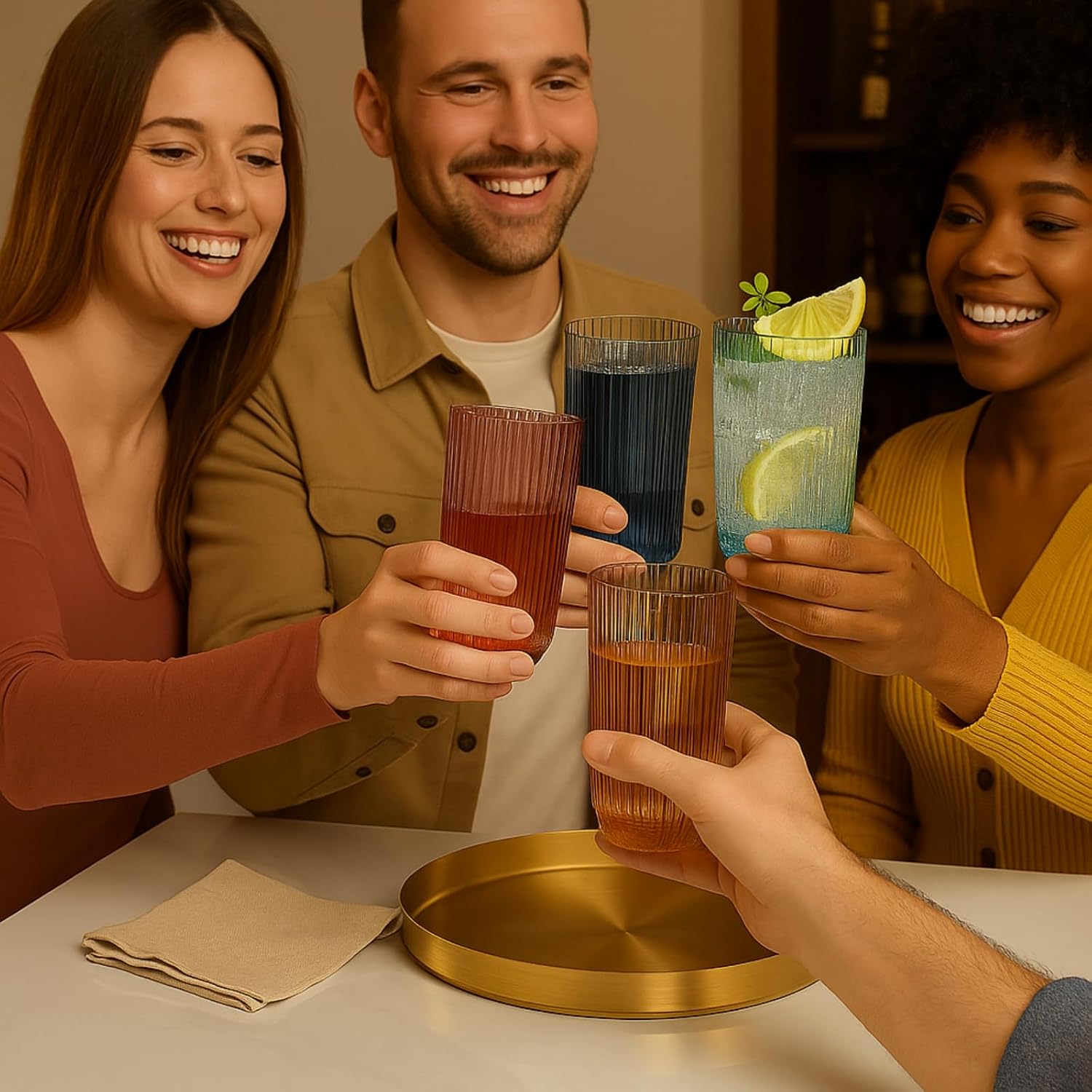 Group holding tall ribbed drinking glasses in muted blue, amber, and rose tones