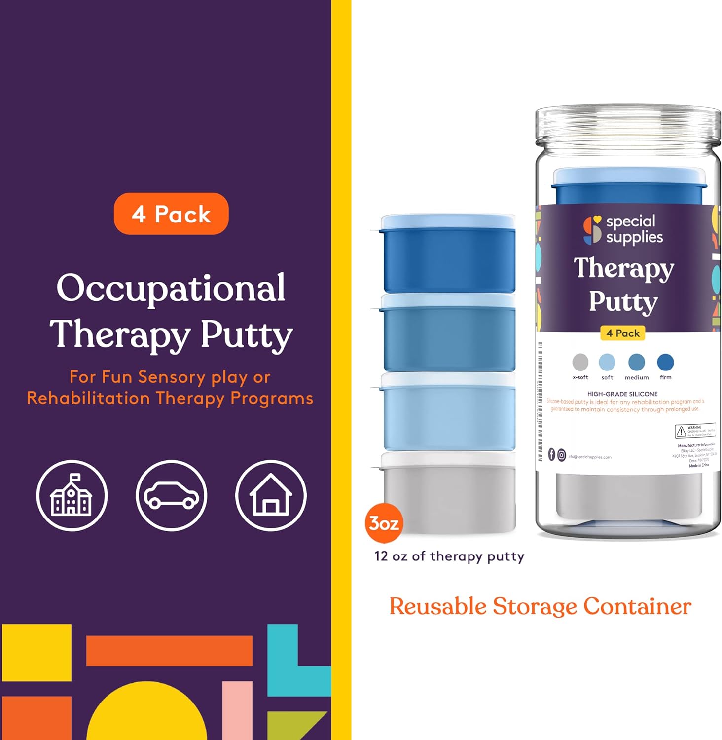 Therapy putty 4-pack with three blue-and-white storage containers and jar