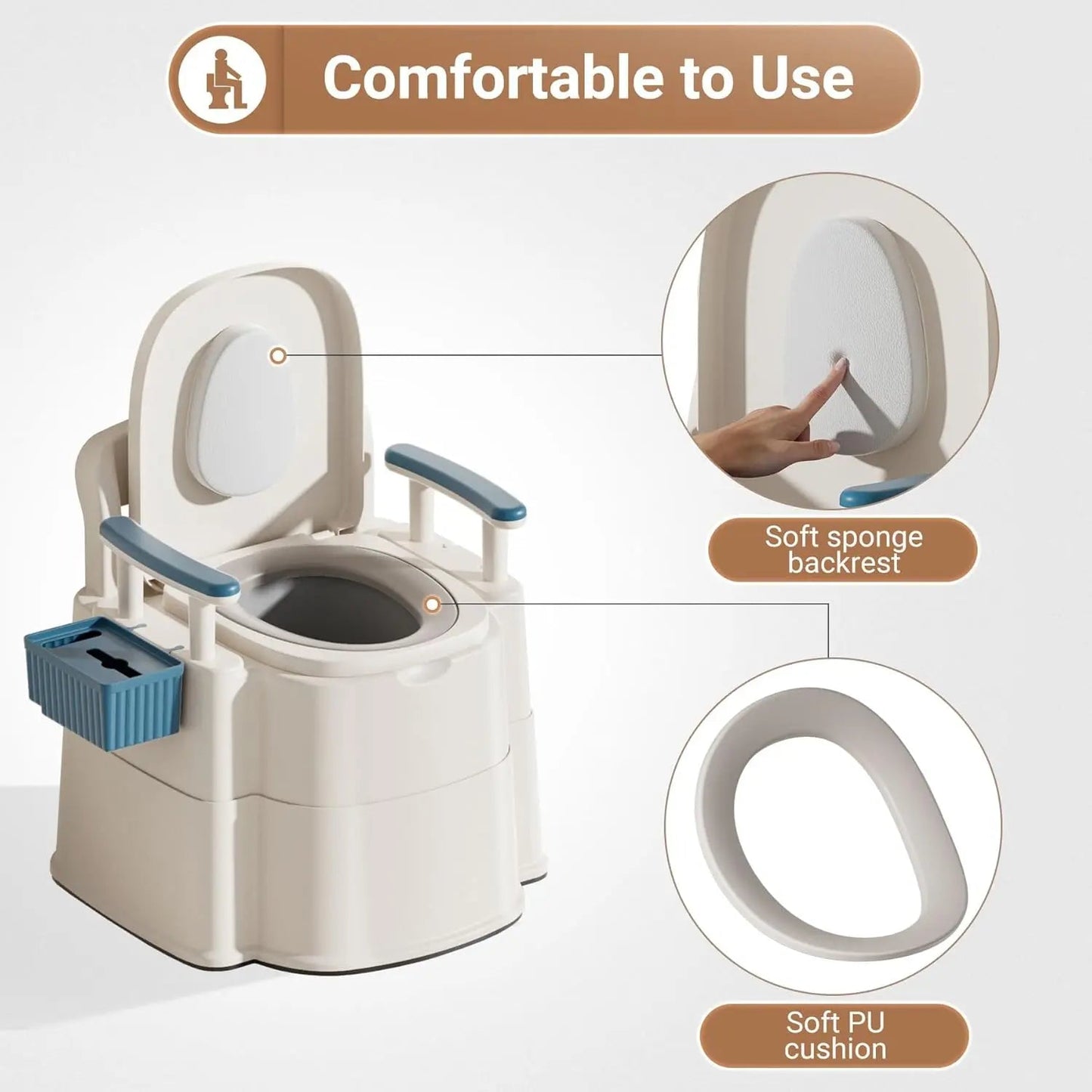 Bedside commode chair with padded backrest, round seat opening, and blue armrests