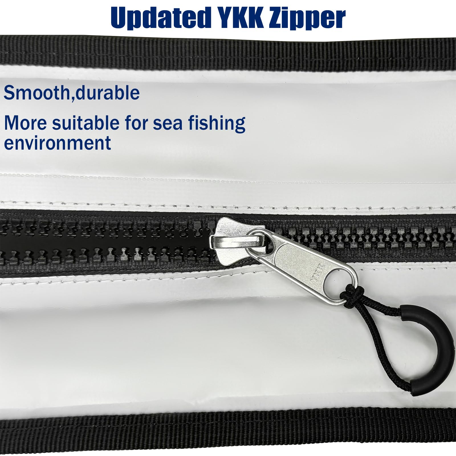 White cooler bag with silver zipper pull and black zip trim