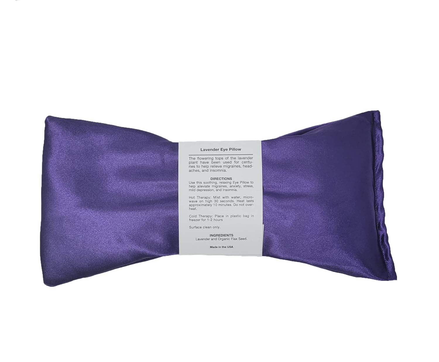 Lavender hot/cold eye pillow back panel with care text, purple bow shape