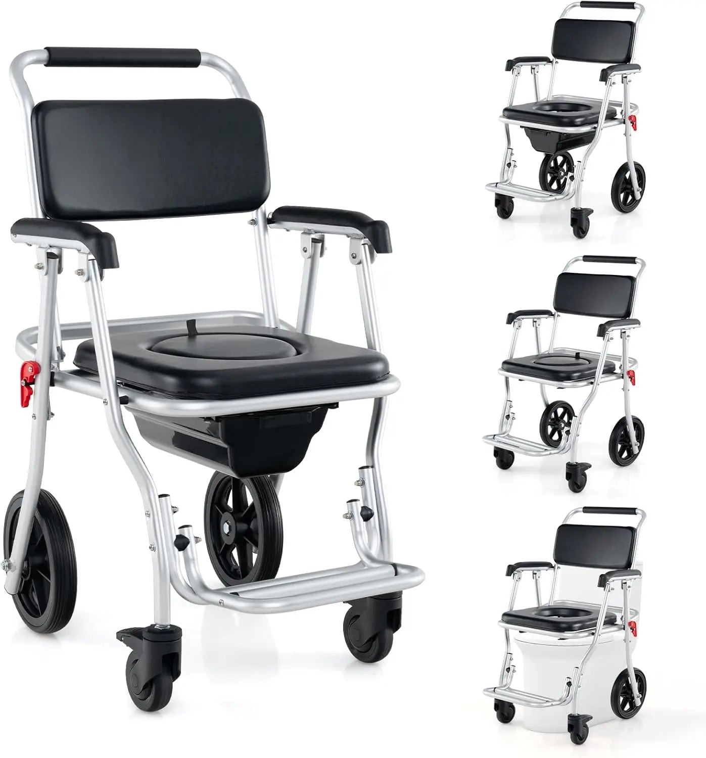 Folding shower commode wheelchair with black seat and backrest, angled side view