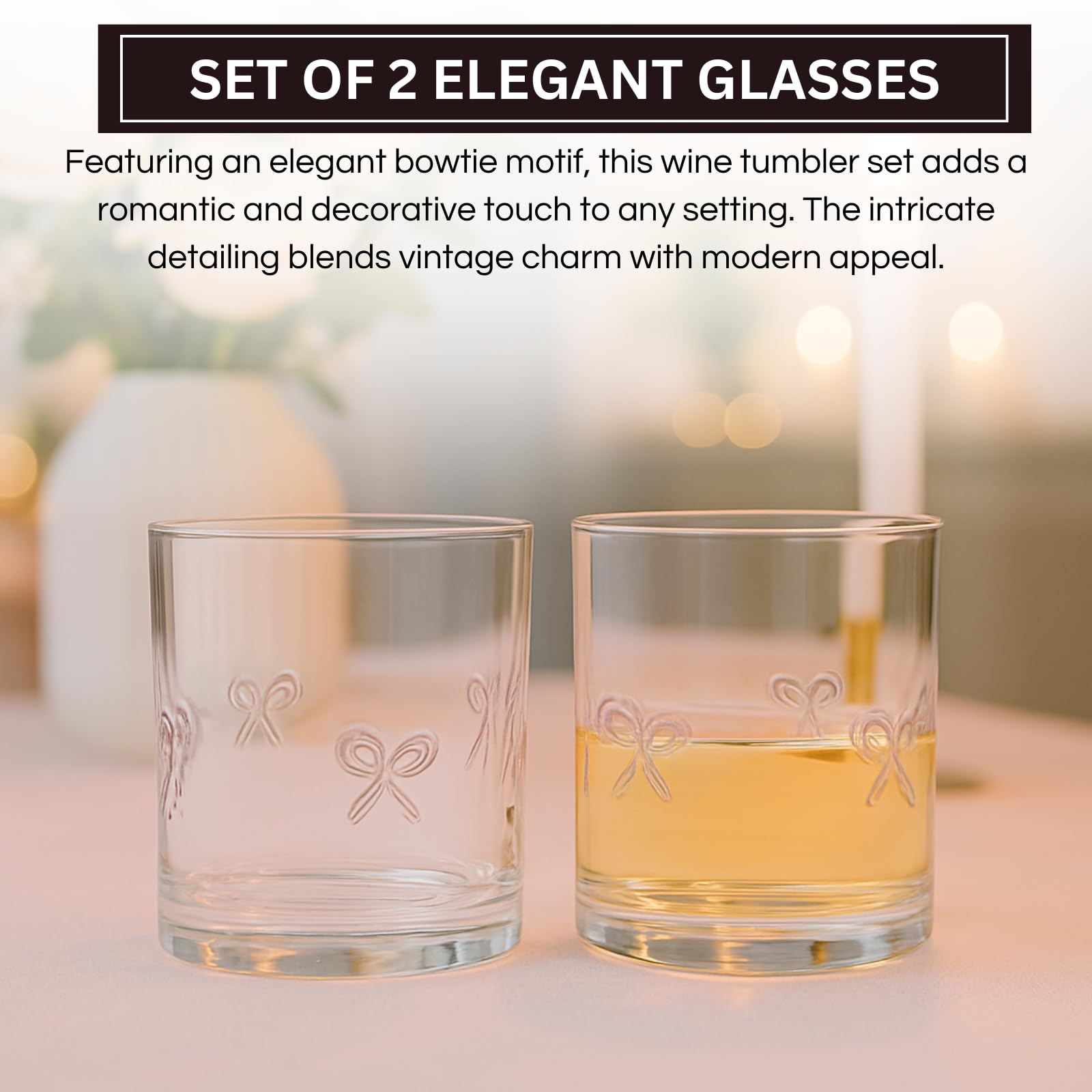 Pair of clear acrylic tumblers with pink bowtie motifs, one with golden drink