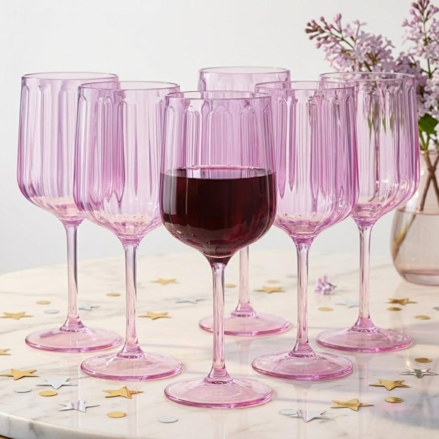 Stemmed lilac acrylic goblets, set of six, ribbed bowl and round base
