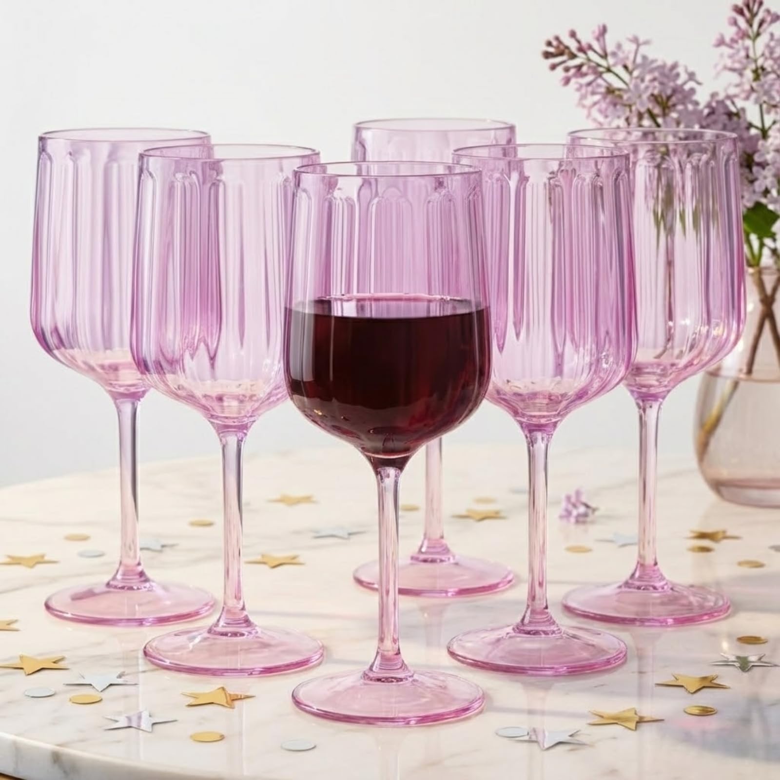 Stemmed lilac acrylic goblets, set of six, ribbed bowl and round base