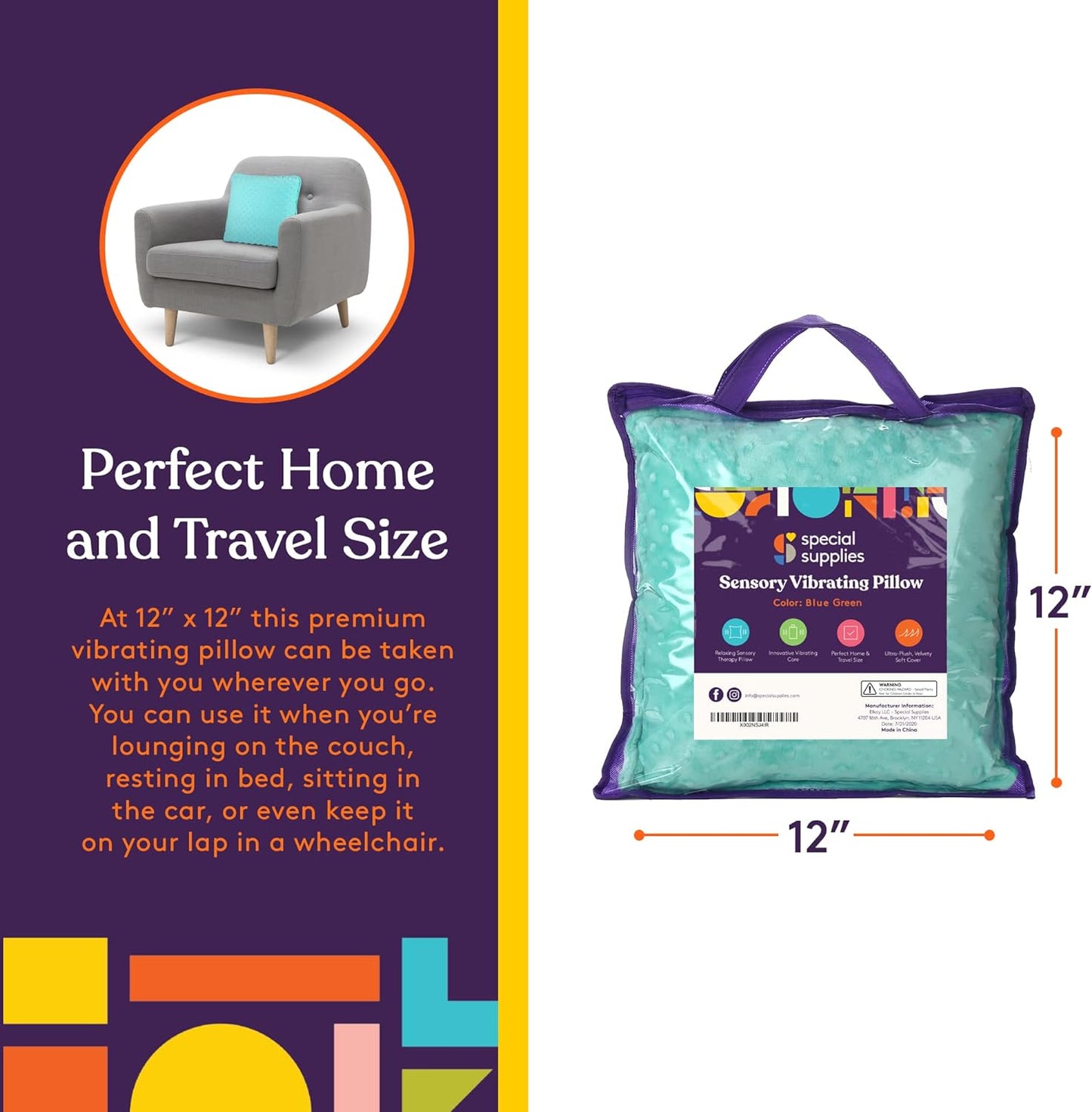 12-inch teal sensory vibrating pillow with dot texture in purple carry bag