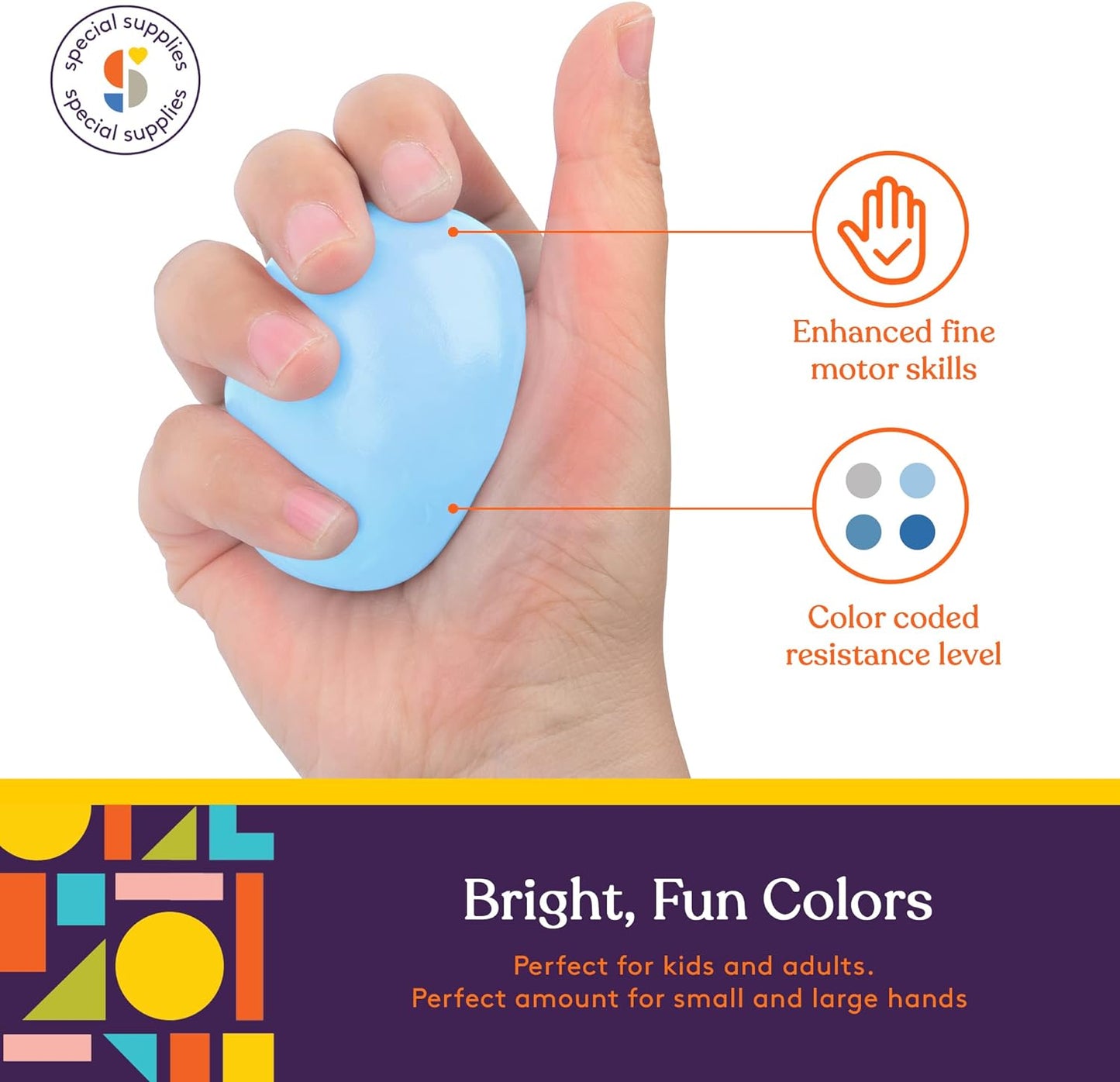 Blue therapy putty piece molded between fingers for fine motor practice