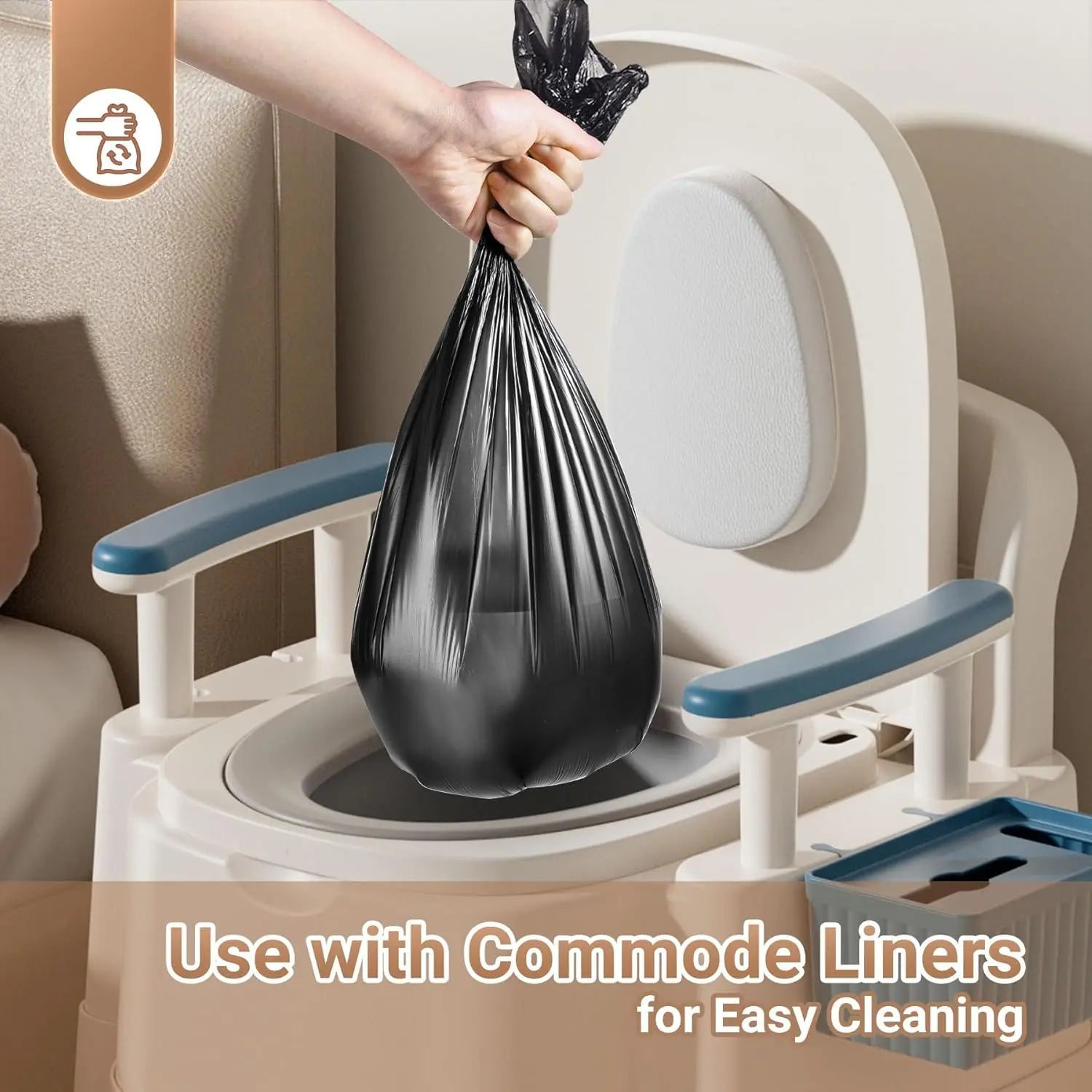 Commode chair with open seat, blue armrests, and black bag liner being placed
