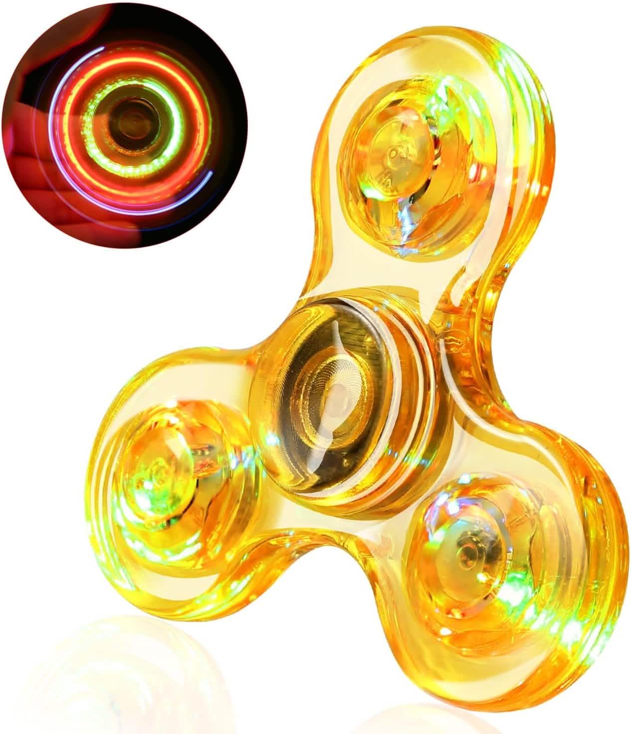 Yellow 3-blade LED fidget spinner with multicolor light glow, central bearing