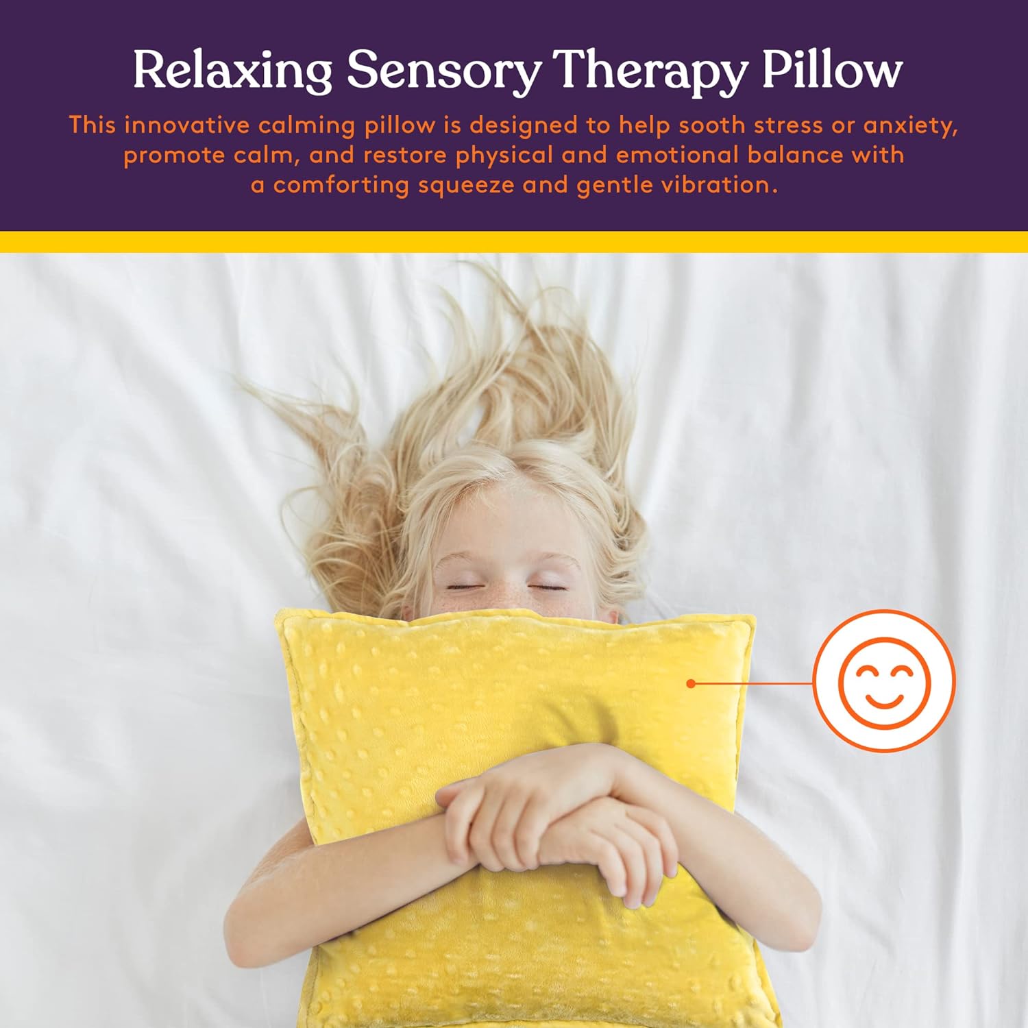 Yellow sensory vibrating pillow held for calming touch with vibration icons