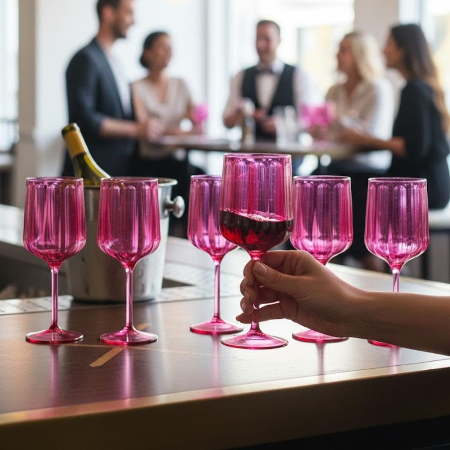Stemmed coral-pink acrylic goblets set of 6, one held in hand at a party