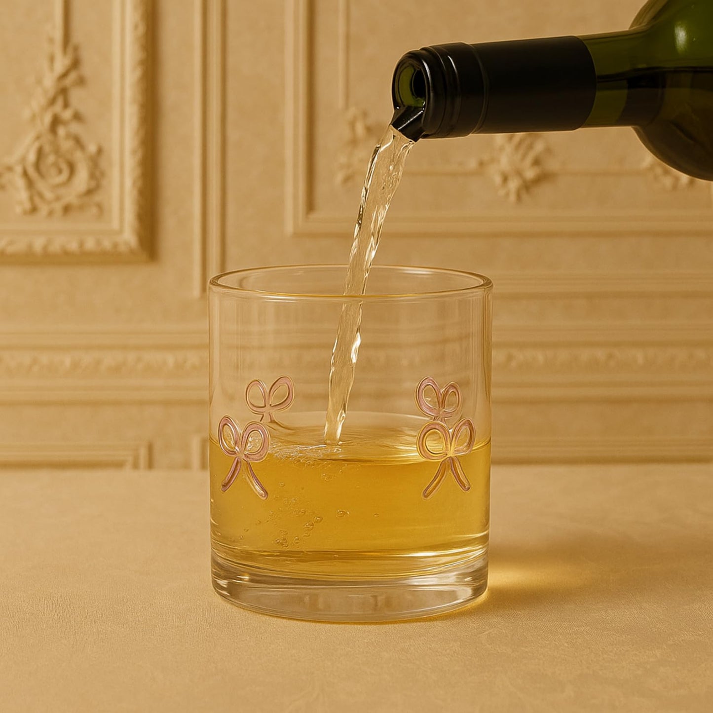 Clear acrylic tumbler with pink bowtie motif, golden liquid being poured in
