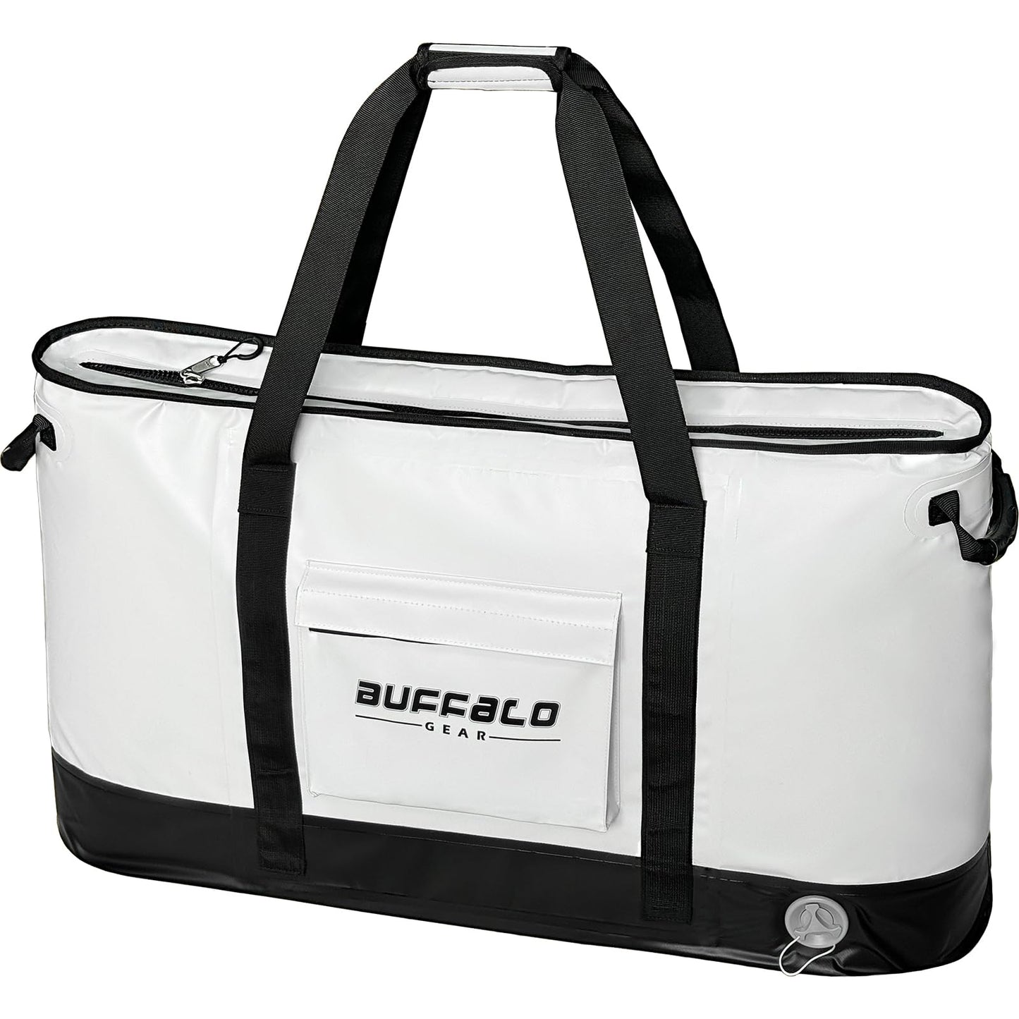 White fish cooler bag with black handles, front logo patch, and zip closure