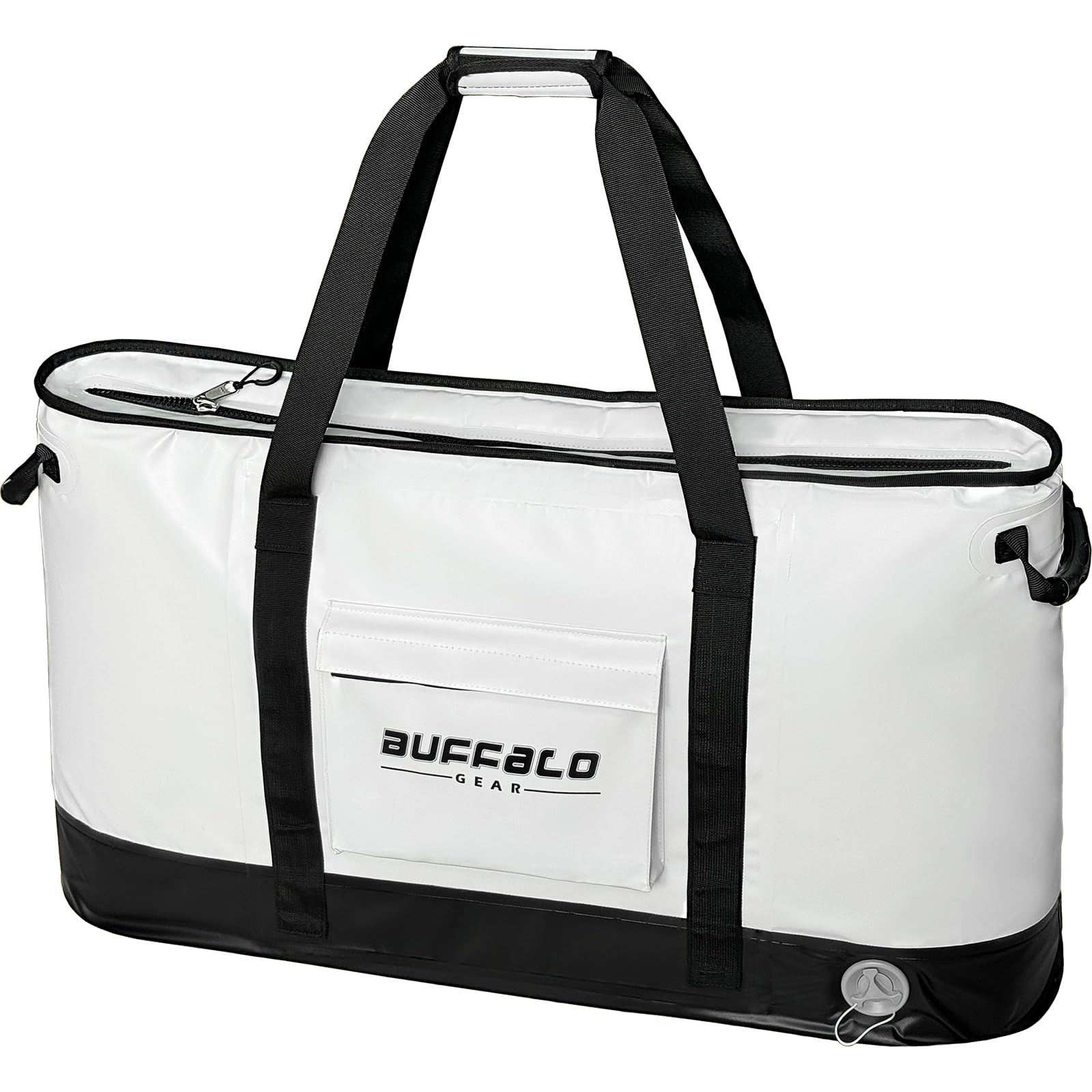 White fish cooler bag with black handles, front logo patch, and zip closure