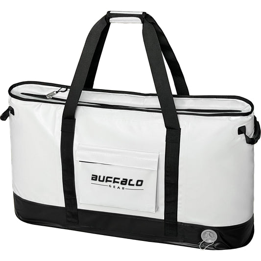 White fish cooler bag with black handles, front logo patch, and zip closure