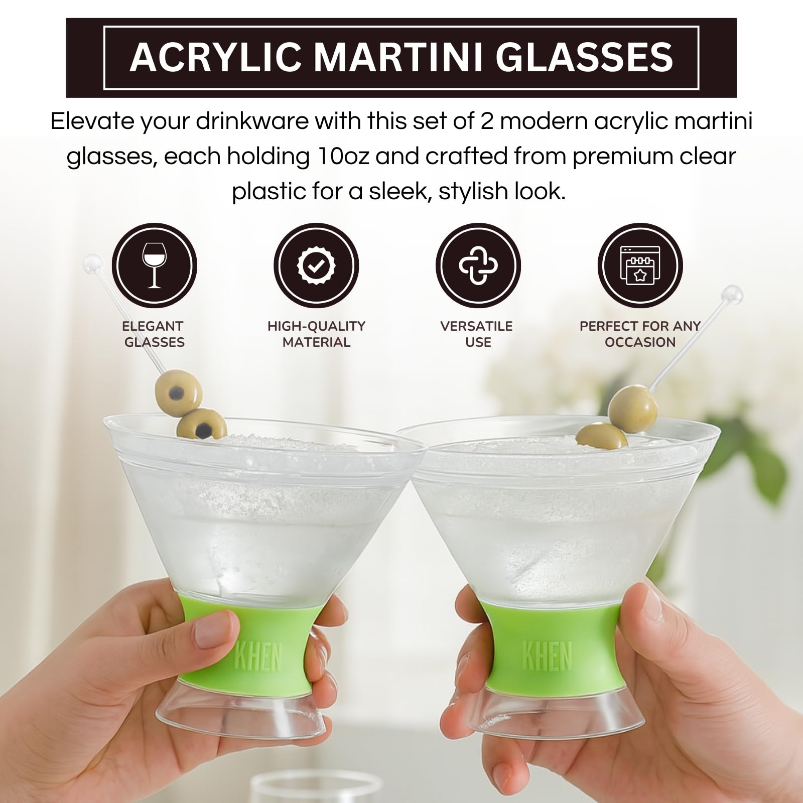 Set of 2 acrylic martini glasses with lime frosted bases, held by hands