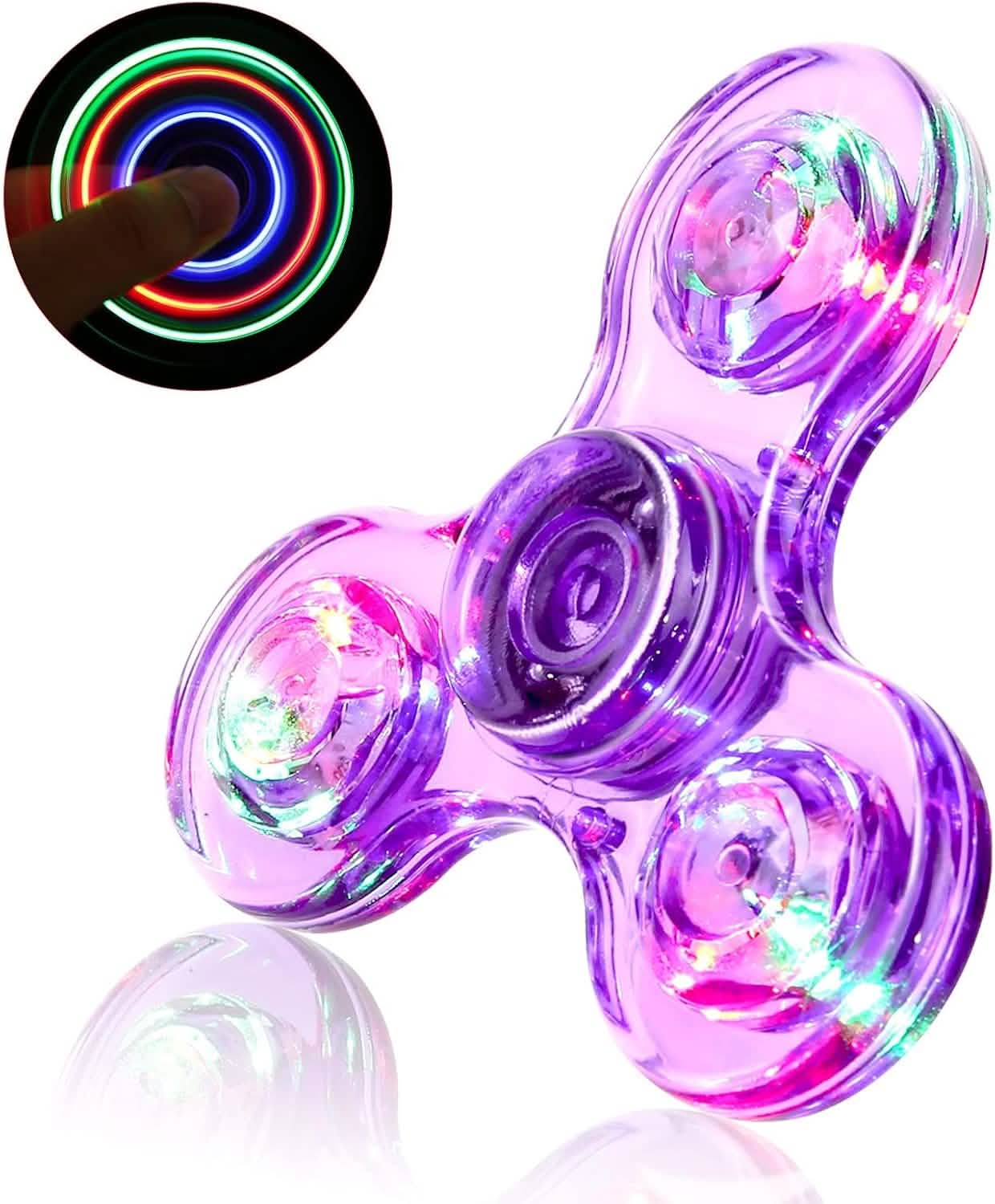 Purple LED fidget spinner with four glowing LEDs and finger activating inset