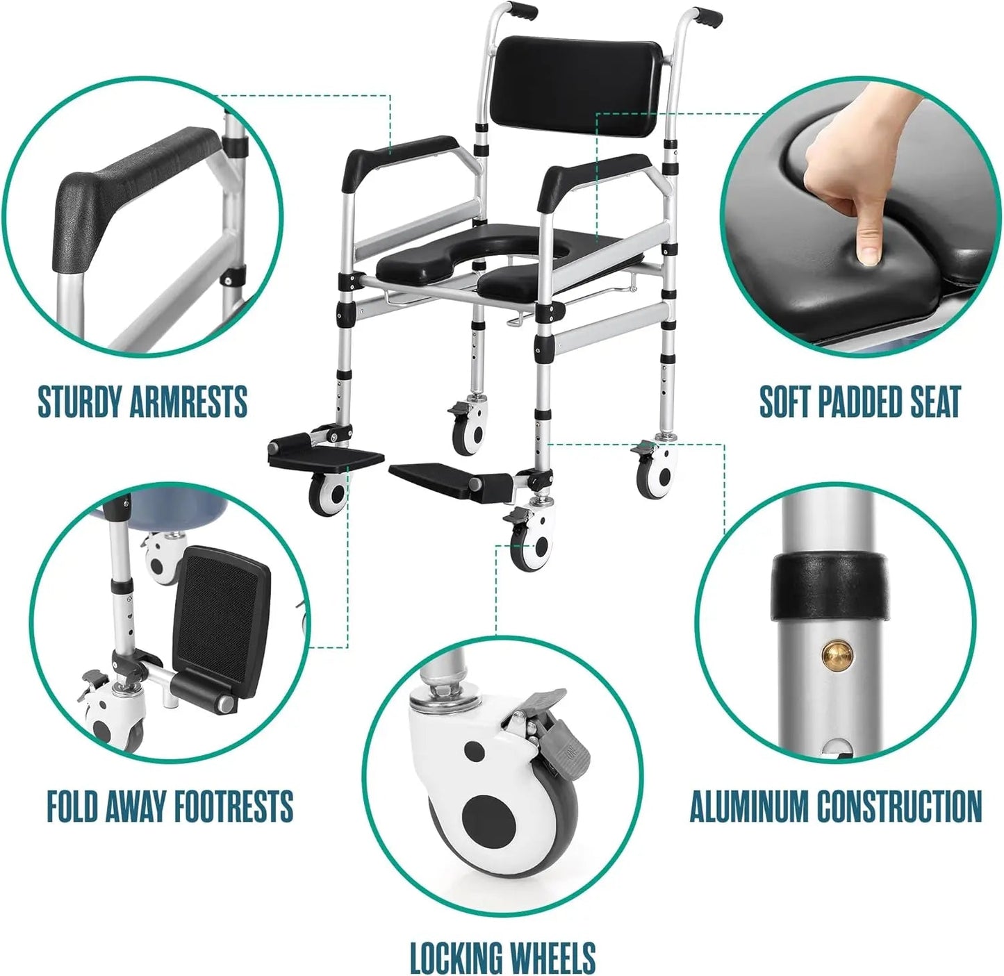 Commode wheelchair with black padded seat, sturdy armrests, fold-away footrests, locking wheels