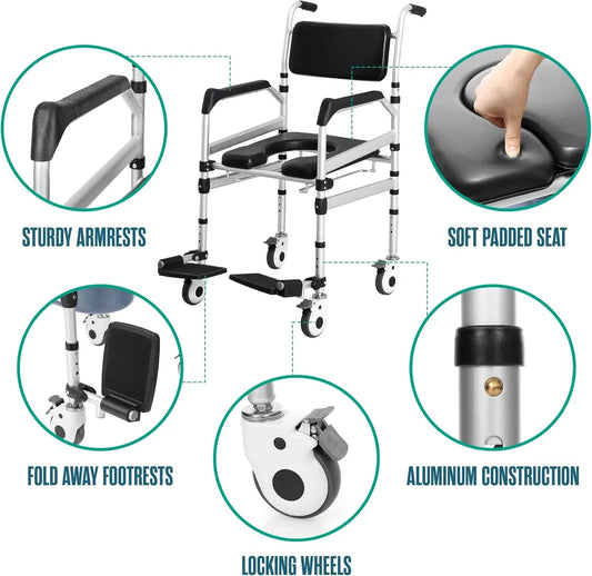 Commode wheelchair with black padded seat, sturdy armrests, fold-away footrests, locking wheels