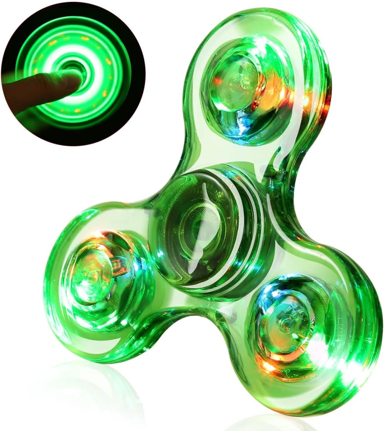 Green LED fidget spinner with three glowing LEDs and finger activating inset