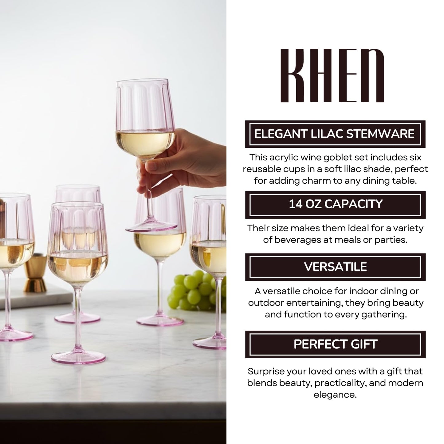 Lilac acrylic stemmed goblet with yellow drink, ribbed bowl and round base
